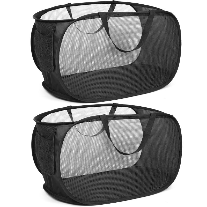Bemkoo Durable Collapsible Laundry Baskets  Mesh Pop Up Laundry Hamper with Side Pocket  Foldable Clothes Hamper with Reinforced Carry Handles for Laundry  Bathroom  Kids Room  Dorm or Travel 2 Pack Black - Image 1